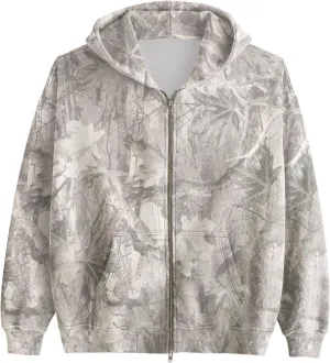 Camo Zip Up Hoodie for Women Men Oversized Maple Leaf Print Fleece Jacket Camouflage Long Sleeve Hooded Sweatshirt