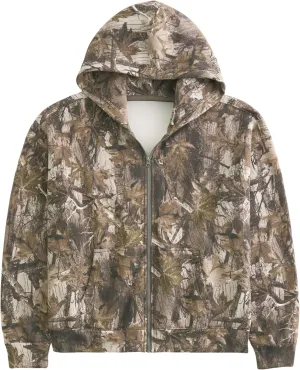 Camo Zip Up Hoodie for Women Men Oversized Maple Leaf Print Fleece Jacket Camouflage Long Sleeve Hooded Sweatshirt