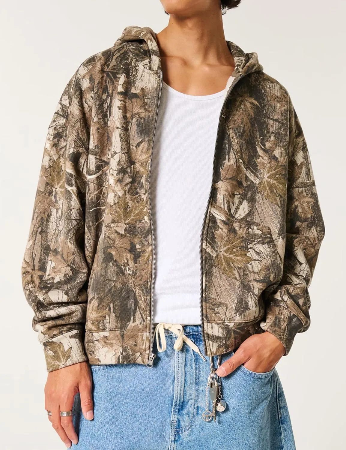 Camo Zip Up Hoodie for Women Men Oversized Maple Leaf Print Fleece Jacket Camouflage Long Sleeve Hooded Sweatshirt