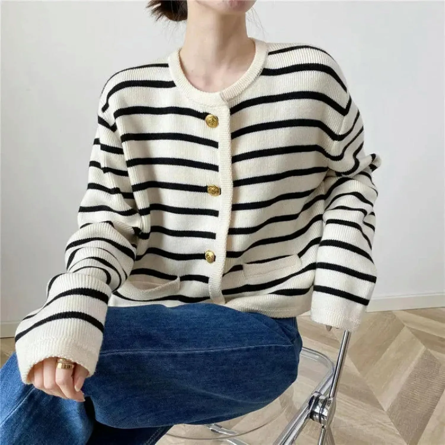 Cardigan Autumn Korean Style Contrast Striped Knitted Women's Cardigan Single Row Metal Button Pockets