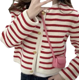 Cardigan Autumn Korean Style Contrast Striped Knitted Women's Cardigan Single Row Metal Button Pockets
