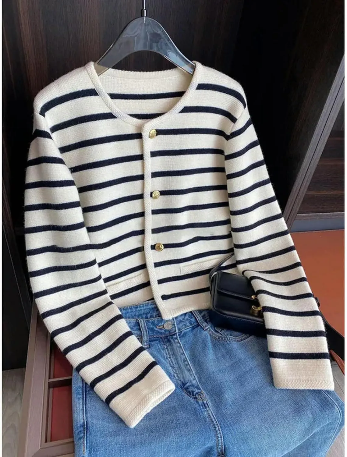 Cardigan Autumn Korean Style Contrast Striped Knitted Women's Cardigan Single Row Metal Button Pockets