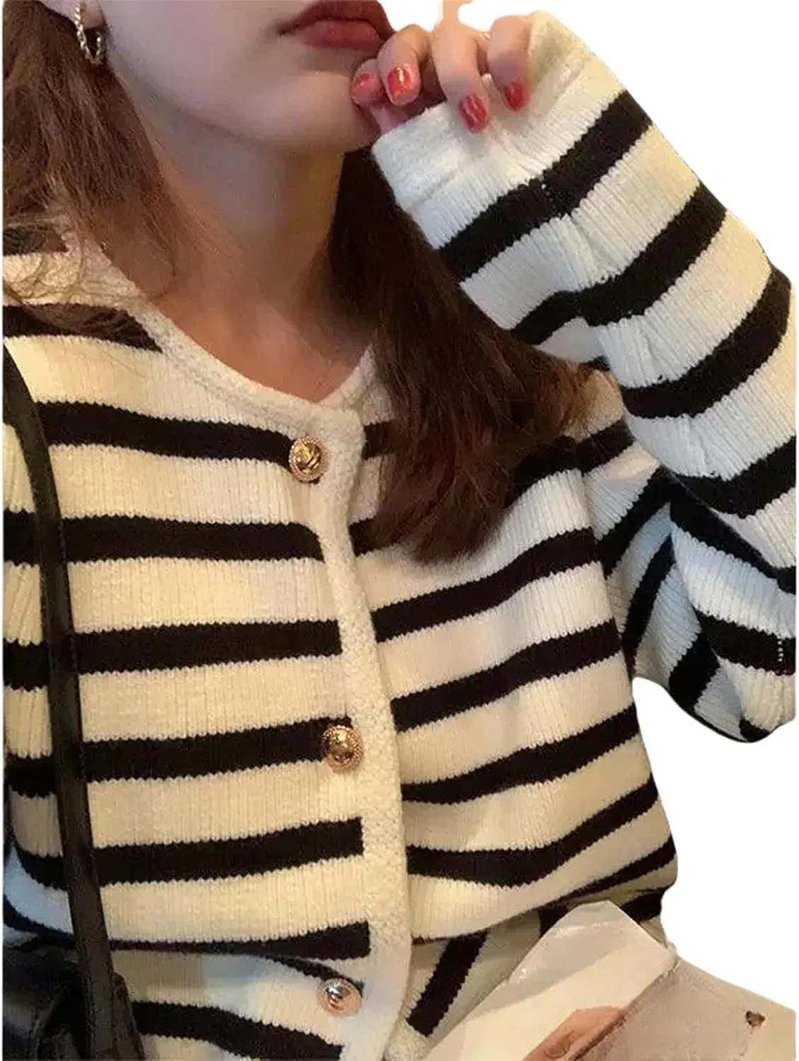 Cardigan Autumn Korean Style Contrast Striped Knitted Women's Cardigan Single Row Metal Button Pockets