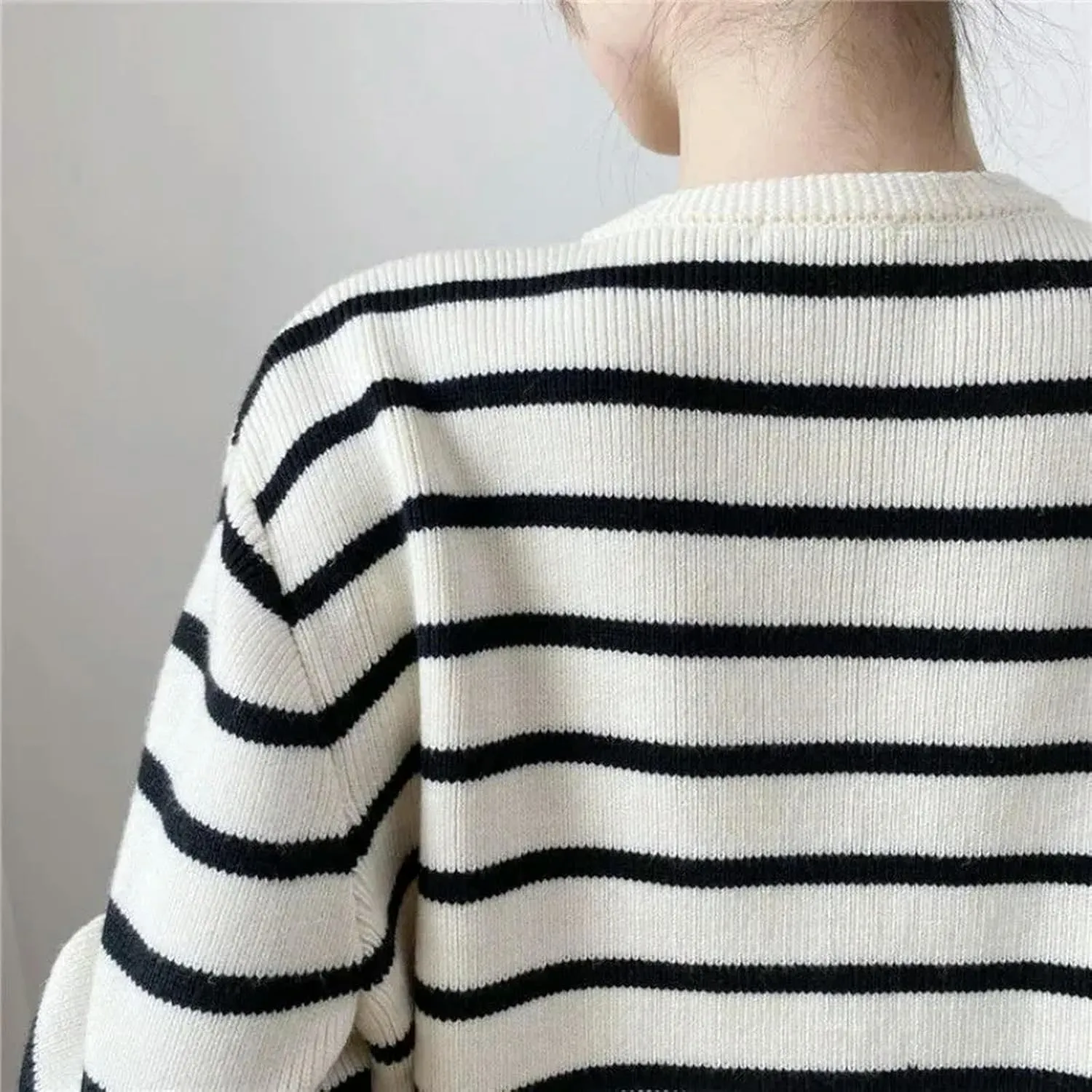 Cardigan Autumn Korean Style Contrast Striped Knitted Women's Cardigan Single Row Metal Button Pockets