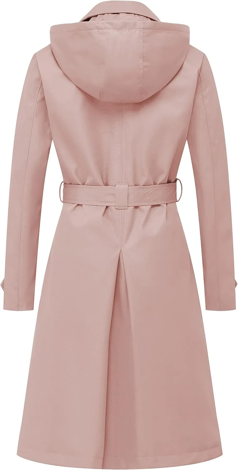 Chrisuno Women's Double Breasted Long Trench Coats Mid-Length Belted Overcoat Dress Jacket with Detachable Hood