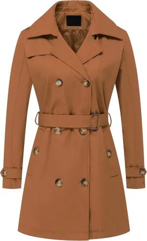 Chrisuno Women's Double Breasted Trench Coats Mid-Length Belted Overcoat Long Dress Jacket with Detachable Hood