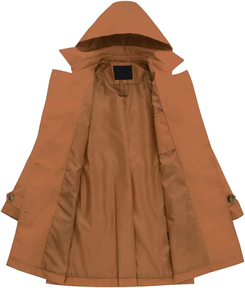 Chrisuno Women's Double Breasted Trench Coats Mid-Length Belted Overcoat Long Dress Jacket with Detachable Hood