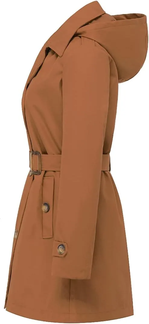 Chrisuno Women's Double Breasted Trench Coats Mid-Length Belted Overcoat Long Dress Jacket with Detachable Hood