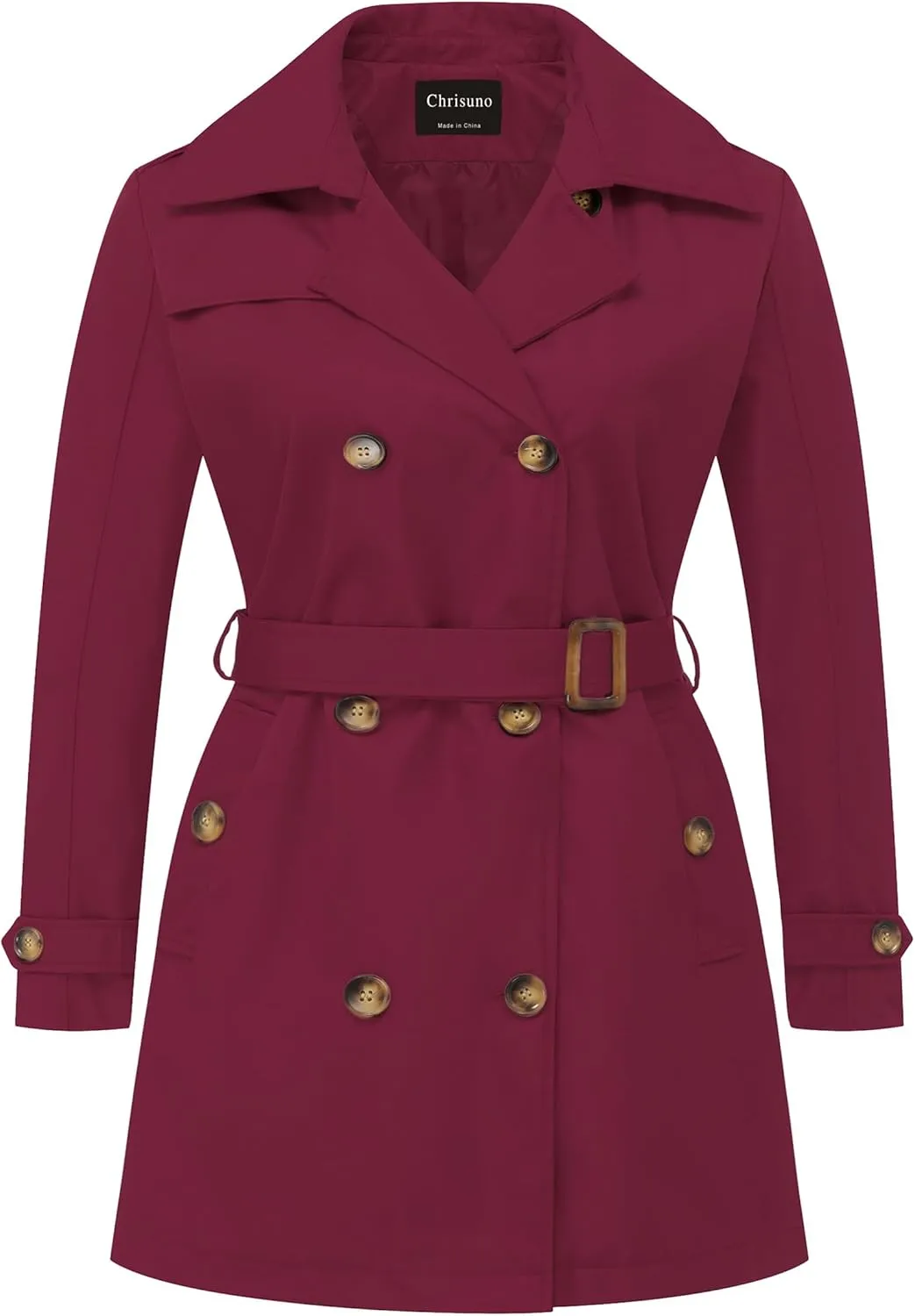 Chrisuno Women's Plus Size Double Breasted Trench Coats Mid-Length Belted Overcoat Dress Jacket with Detachable Hood