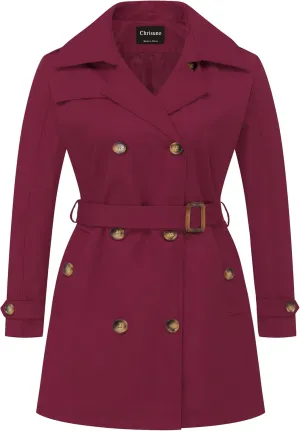 Chrisuno Women's Plus Size Double Breasted Trench Coats Mid-Length Belted Overcoat Dress Jacket with Detachable Hood