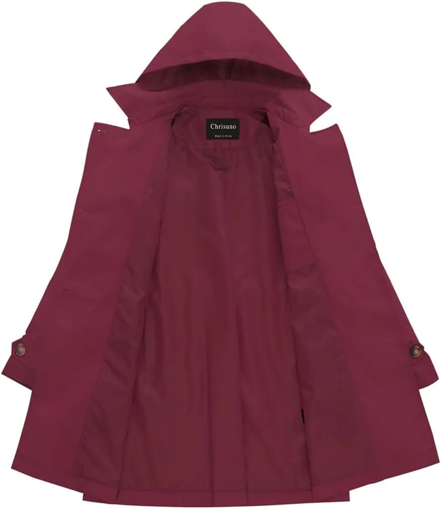 Chrisuno Women's Plus Size Double Breasted Trench Coats Mid-Length Belted Overcoat Dress Jacket with Detachable Hood