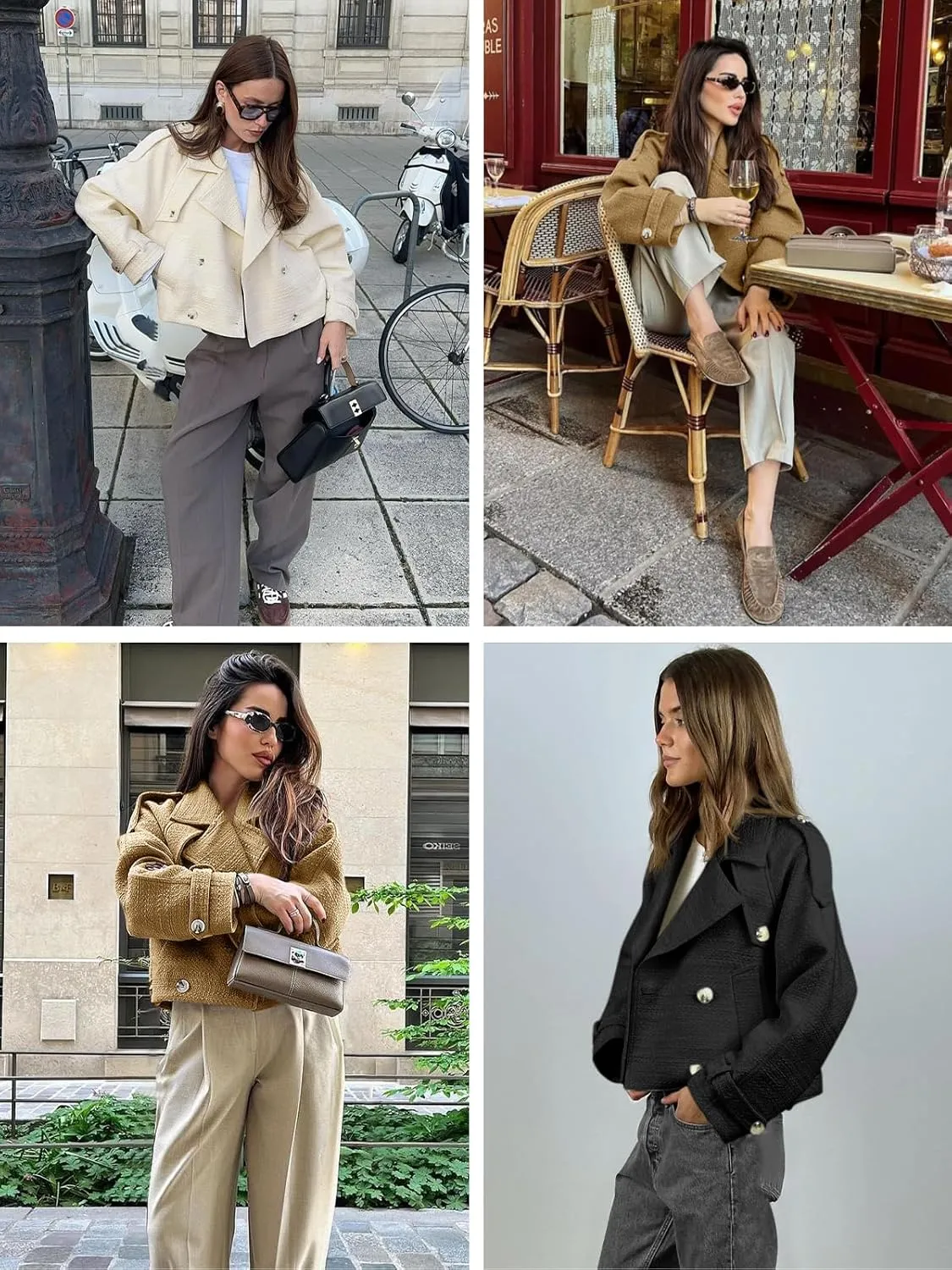 Cicy Bell Womens Cropped Tweed Jackets Casual Double Breasted Long Sleeve Outerwear Open Front Loose Fit Coats