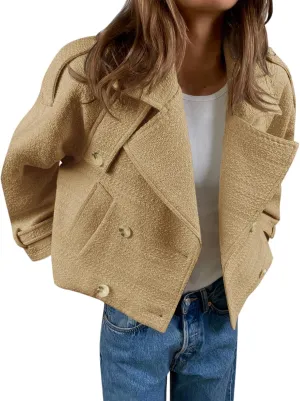 Cicy Bell Womens Cropped Tweed Jackets Casual Double Breasted Long Sleeve Outerwear Open Front Loose Fit Coats