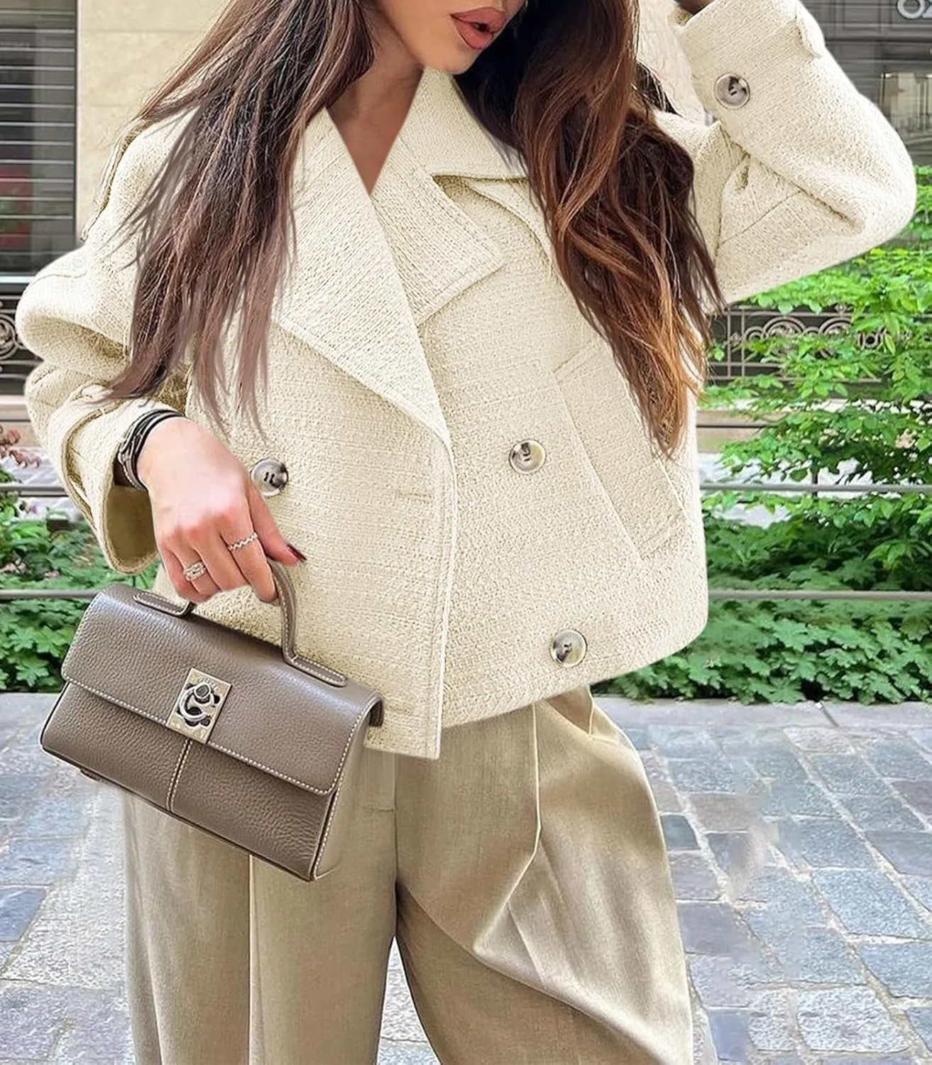 Cicy Bell Womens Cropped Tweed Jackets Casual Double Breasted Long Sleeve Outerwear Open Front Loose Fit Coats