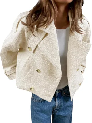 Cicy Bell Womens Cropped Tweed Jackets Casual Double Breasted Long Sleeve Outerwear Open Front Loose Fit Coats