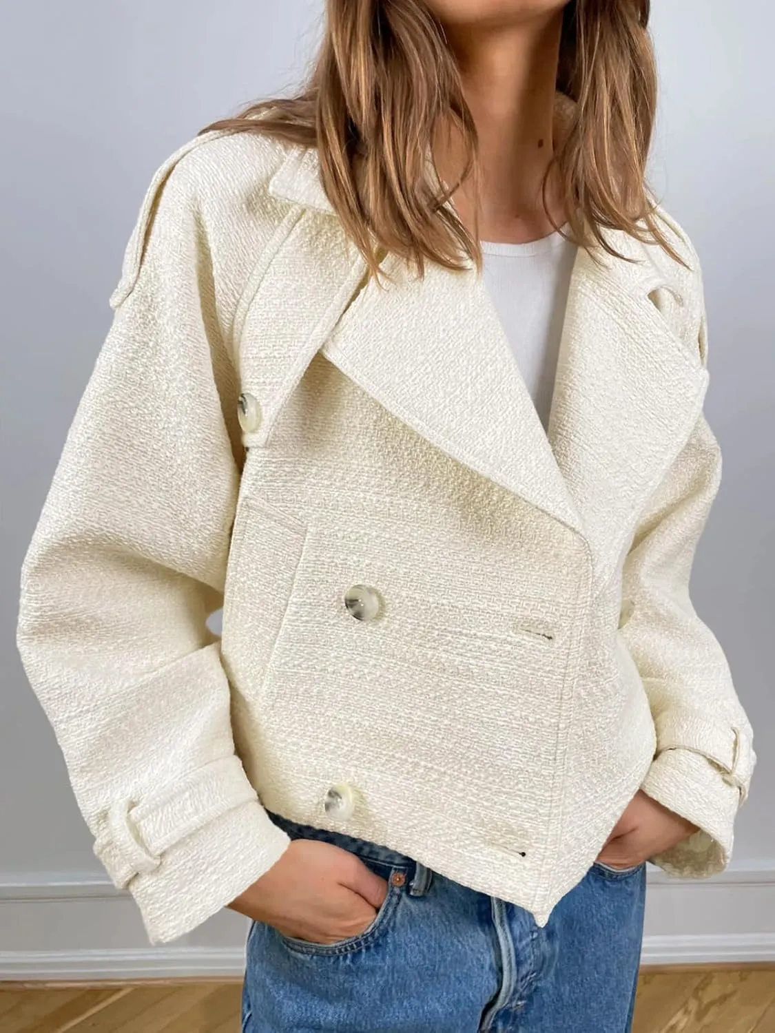 Cicy Bell Womens Cropped Tweed Jackets Casual Double Breasted Long Sleeve Outerwear Open Front Loose Fit Coats
