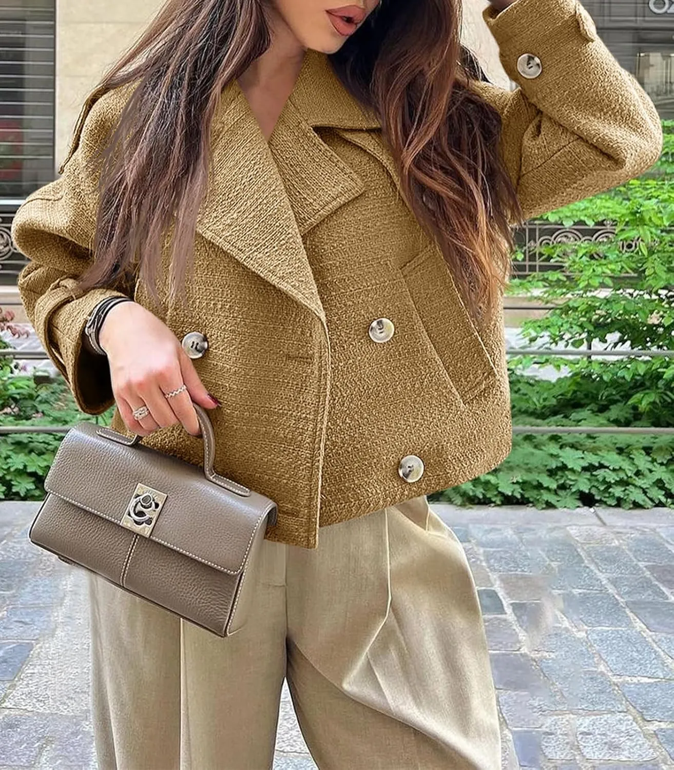 Cicy Bell Womens Cropped Tweed Jackets Casual Double Breasted Long Sleeve Outerwear Open Front Loose Fit Coats