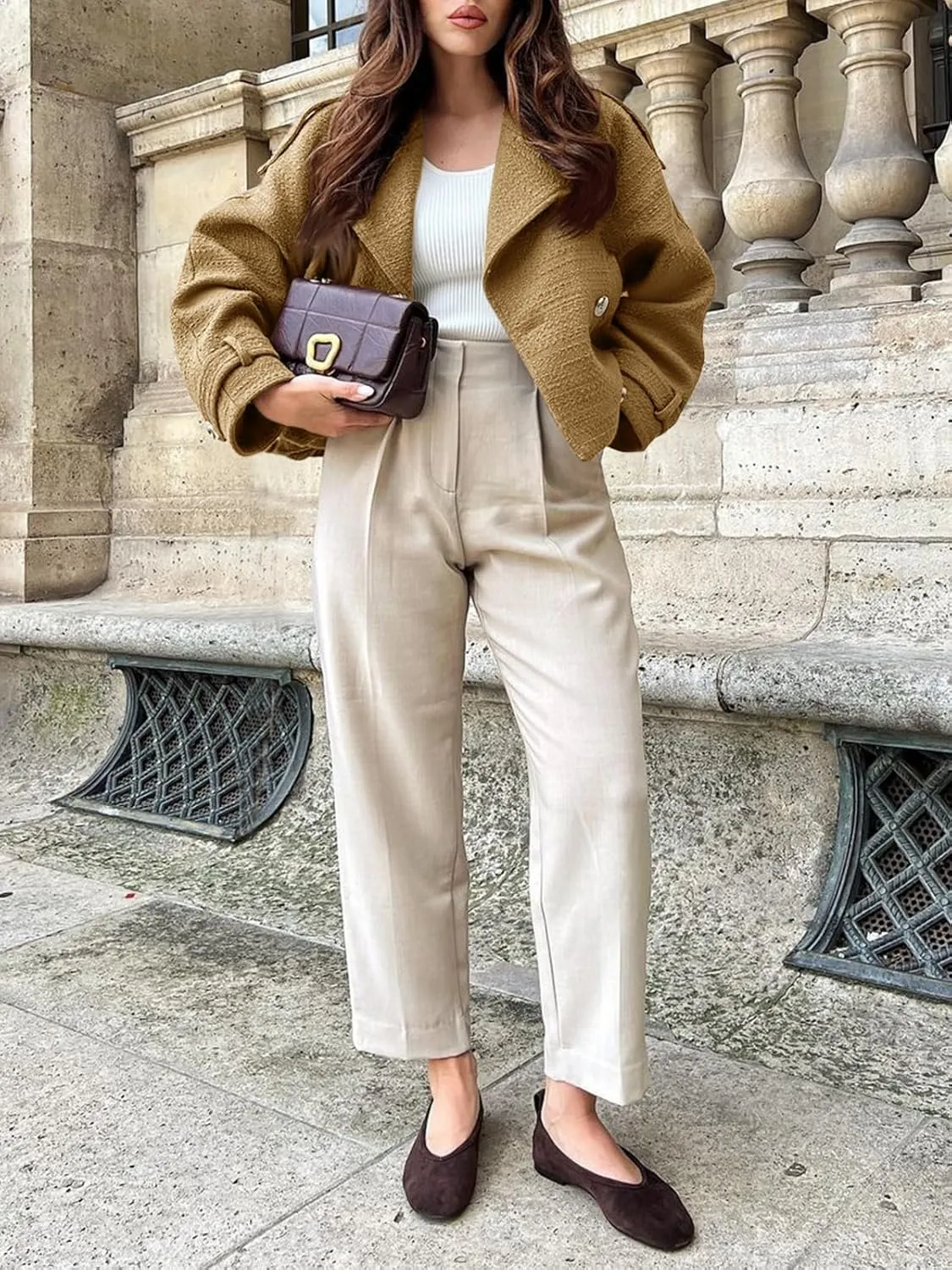 Cicy Bell Womens Cropped Tweed Jackets Casual Double Breasted Long Sleeve Outerwear Open Front Loose Fit Coats