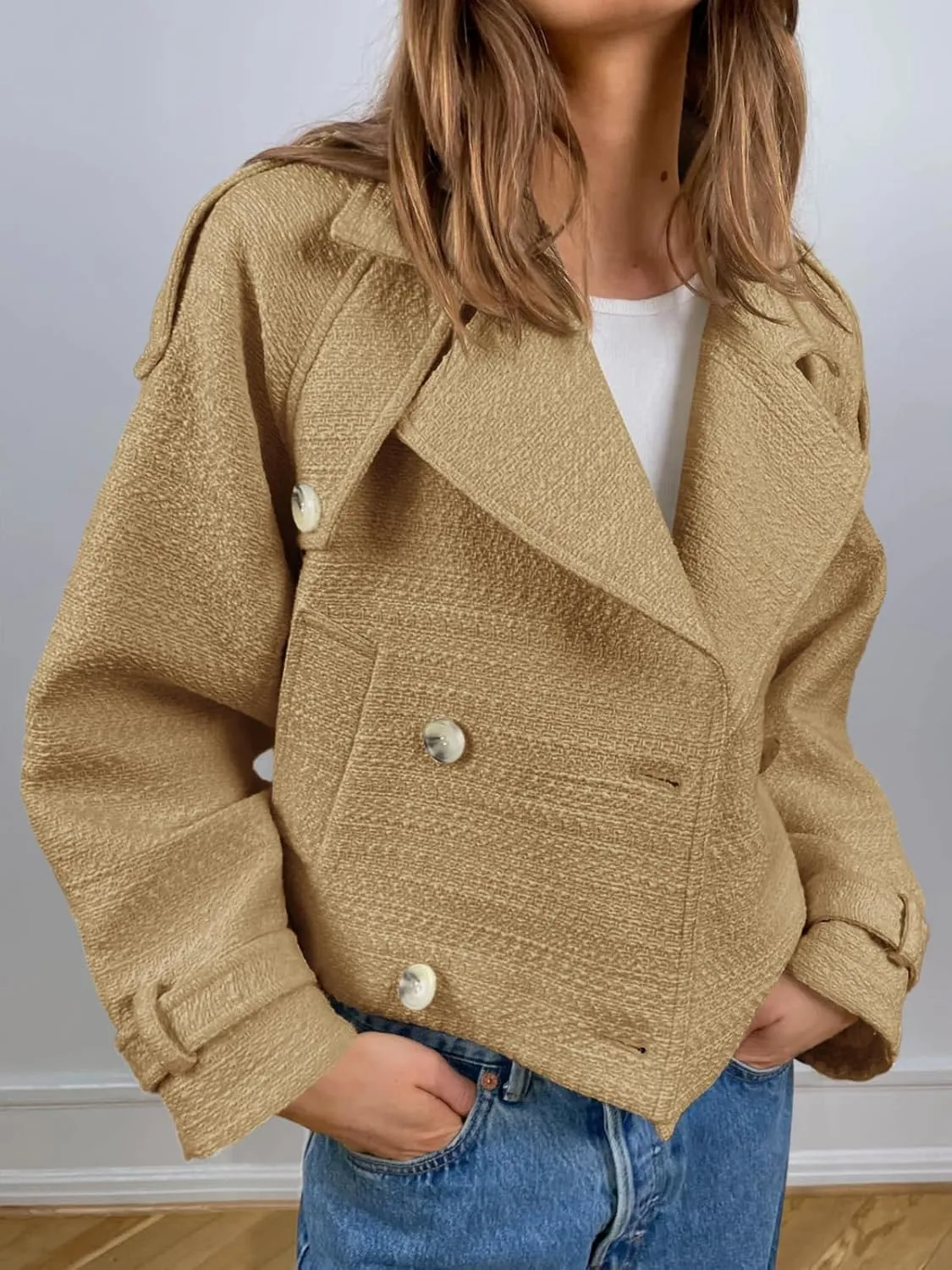 Cicy Bell Womens Cropped Tweed Jackets Casual Double Breasted Long Sleeve Outerwear Open Front Loose Fit Coats