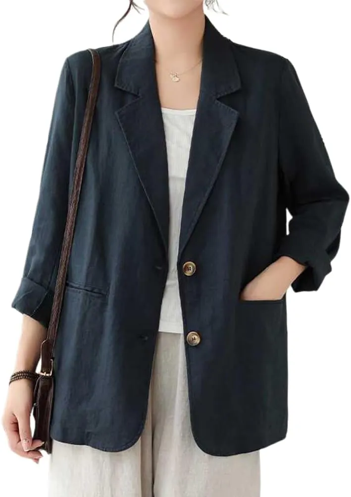 Cotton Linen Blazer for Women Spring Summer 2024 Long Sleeve Lightweight Business Casual Jackets Tops