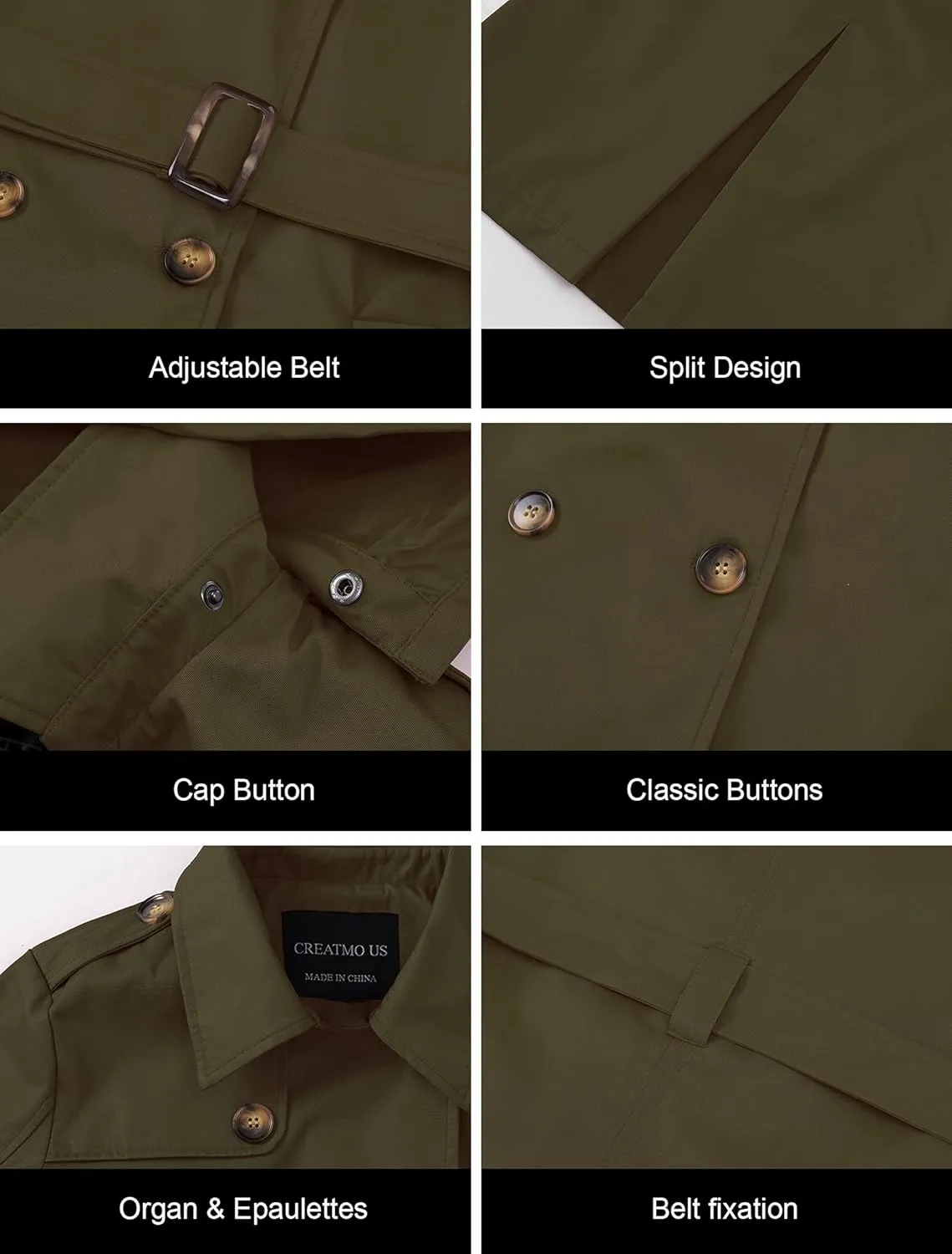 CREATMO US Women's Plus Size Trench Coat Double-Breasted Classic Lapel Overcoat Belted Outerwear Coat with Detachable Hood