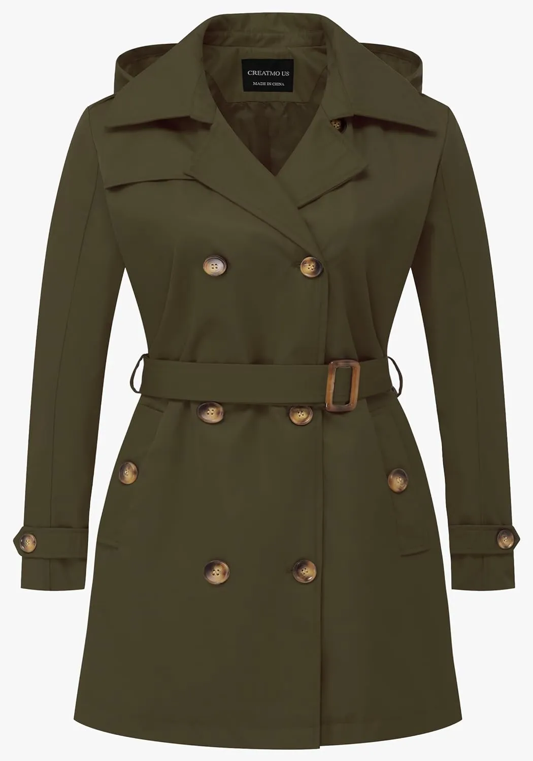CREATMO US Women's Plus Size Trench Coat Double-Breasted Classic Lapel Overcoat Belted Outerwear Coat with Detachable Hood