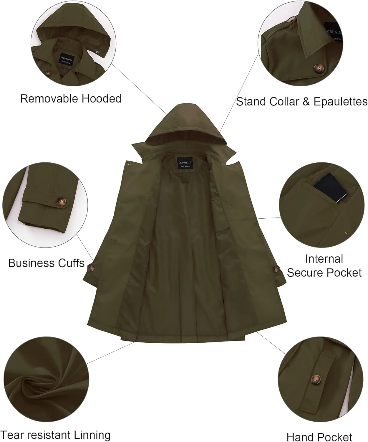 CREATMO US Women's Plus Size Trench Coat Double-Breasted Classic Lapel Overcoat Belted Outerwear Coat with Detachable Hood