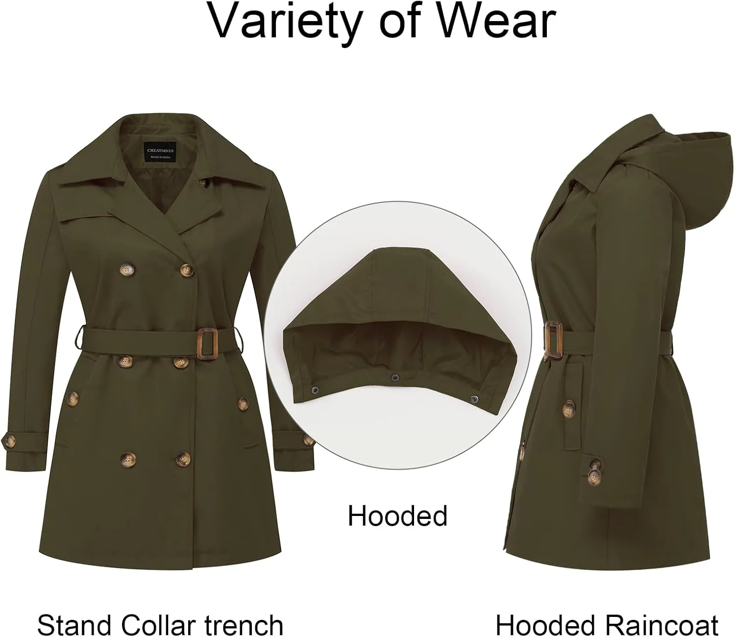 CREATMO US Women's Plus Size Trench Coat Double-Breasted Classic Lapel Overcoat Belted Outerwear Coat with Detachable Hood