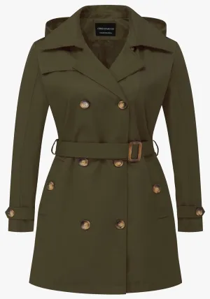 CREATMO US Women's Plus Size Trench Coat Double-Breasted Classic Lapel Overcoat Belted Outerwear Coat with Detachable Hood