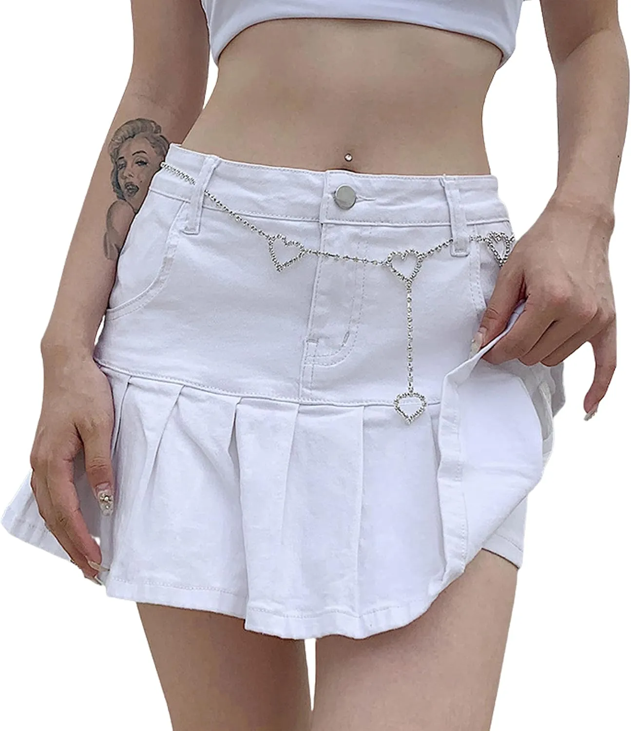 Dqbeng Women's A Line Denim Ruffle Skirt Y2K Pleated Mini Jean Skirts with Pockets