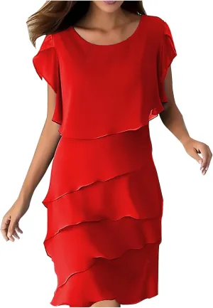 Elegant Chiffon Dresses for Women Plus Size Short Sleeve Crewneck Tiered Layered Flowy Dress Party Wedding Outfits