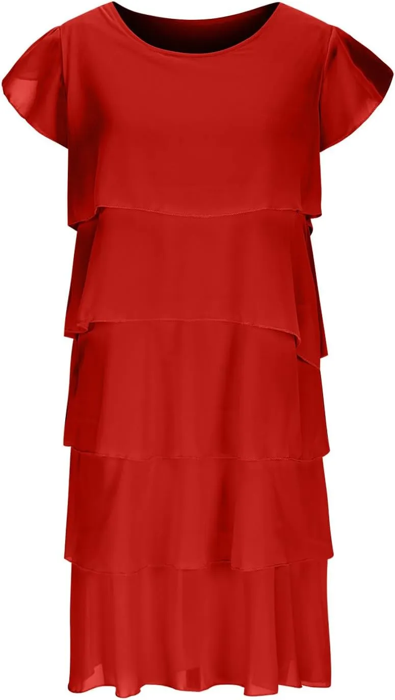 Elegant Chiffon Dresses for Women Plus Size Short Sleeve Crewneck Tiered Layered Flowy Dress Party Wedding Outfits