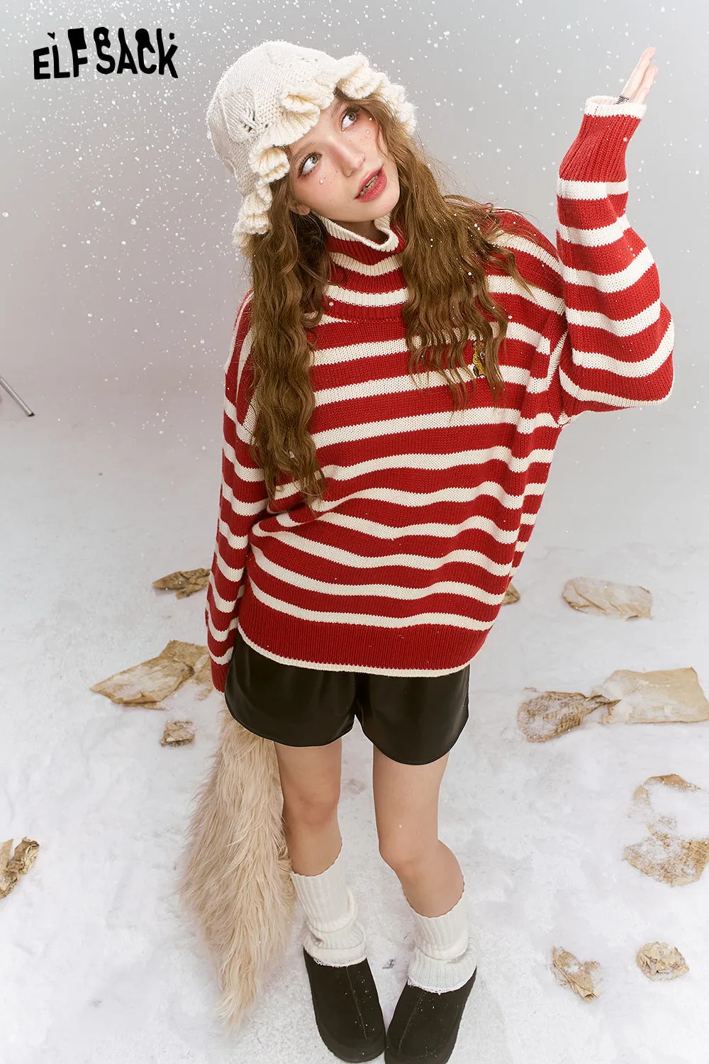 ELFSACK 2024 Winter New Arrivals Vintage versatile red striped cartoon embroidered high neck sweater for women