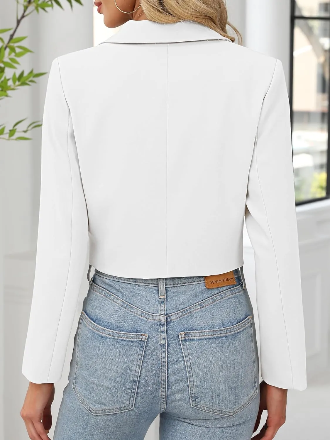 ELLEVEN Womens Cropped Blazer Business Casual Open Front Long Sleeve One Button Jacket