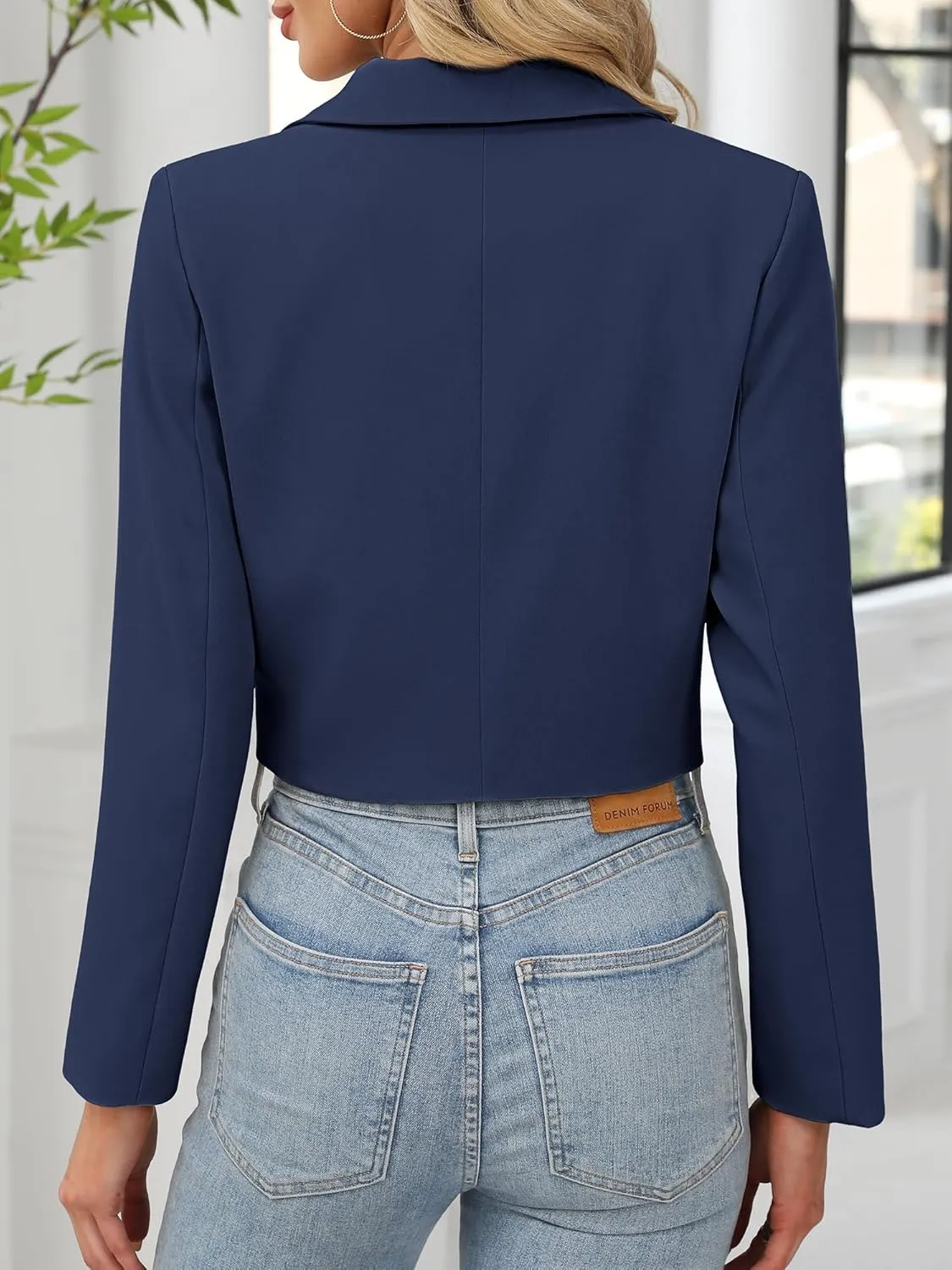 ELLEVEN Womens Cropped Blazer Business Casual Open Front Long Sleeve One Button Jacket