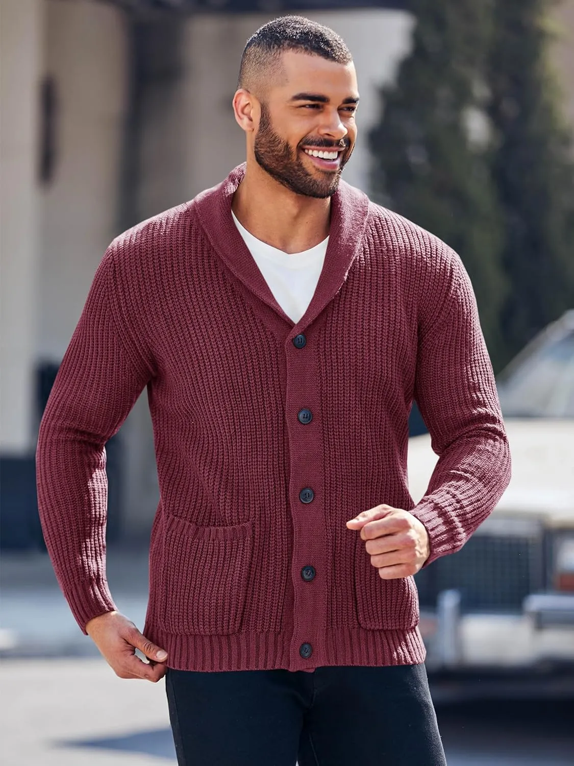 Esobo Men's Shawl Collar Cardigan Sweater Multi-Color Button Down Knitted Sweaters with Pockets
