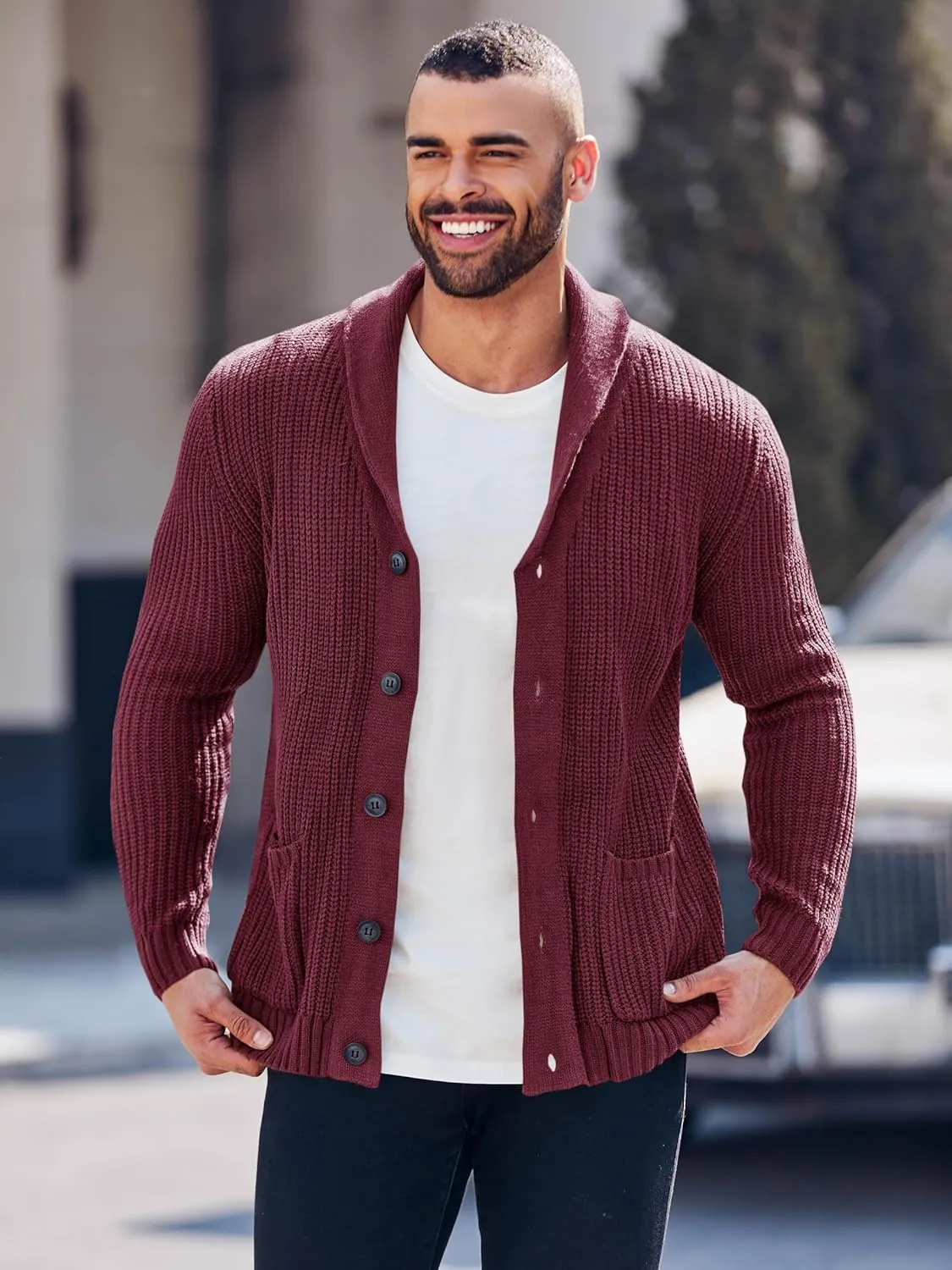 Esobo Men's Shawl Collar Cardigan Sweater Multi-Color Button Down Knitted Sweaters with Pockets