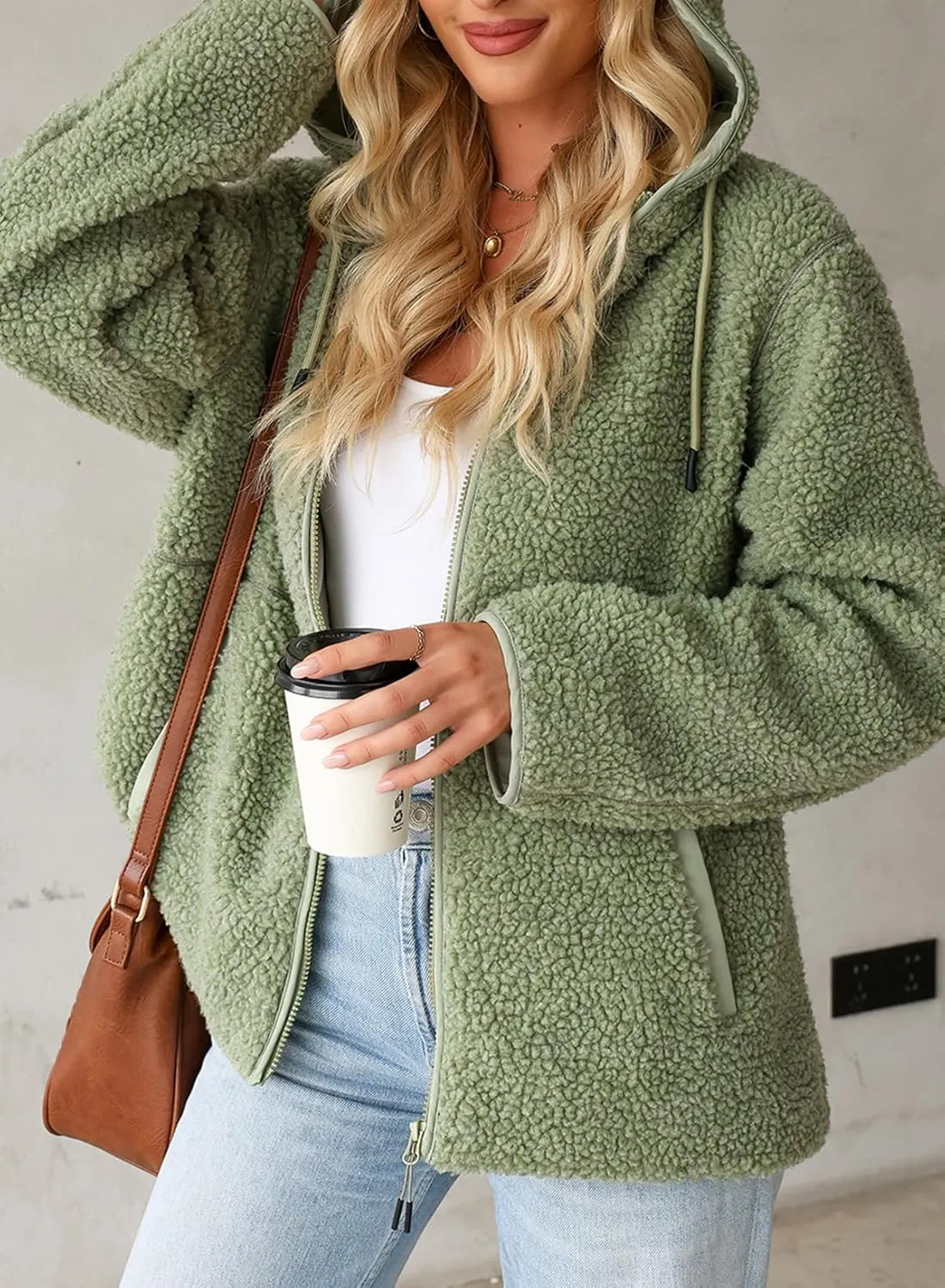 EVALESS Womens Fleece Jackets Solid Zip Up Coats Long Sleeve Fuzzy Hooded Jacket Outerwear With Pockets