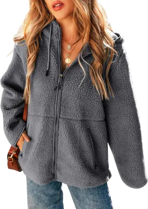 EVALESS Womens Fleece Jackets Solid Zip Up Coats Long Sleeve Fuzzy Hooded Jacket Outerwear With Pockets