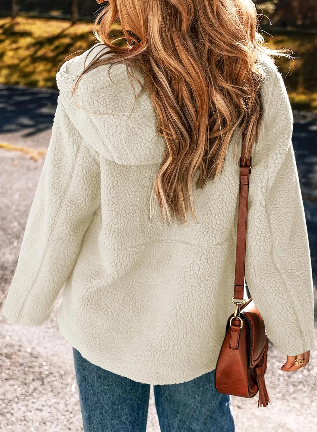 EVALESS Womens Fleece Jackets Solid Zip Up Coats Long Sleeve Fuzzy Hooded Jacket Outerwear With Pockets