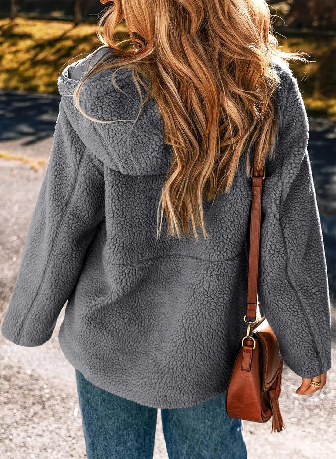 EVALESS Womens Fleece Jackets Solid Zip Up Coats Long Sleeve Fuzzy Hooded Jacket Outerwear With Pockets