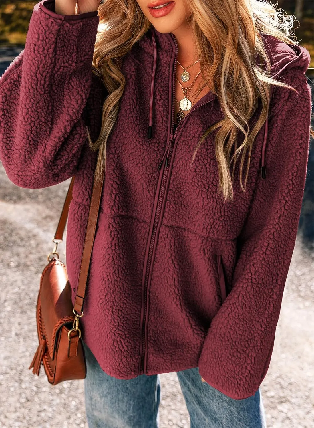EVALESS Womens Fleece Jackets Solid Zip Up Coats Long Sleeve Fuzzy Hooded Jacket Outerwear With Pockets
