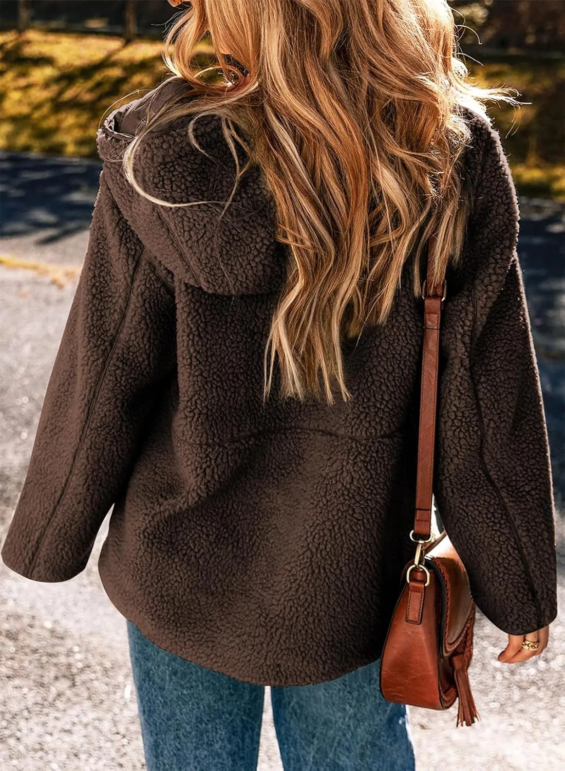 EVALESS Womens Fleece Jackets Solid Zip Up Coats Long Sleeve Fuzzy Hooded Jacket Outerwear With Pockets