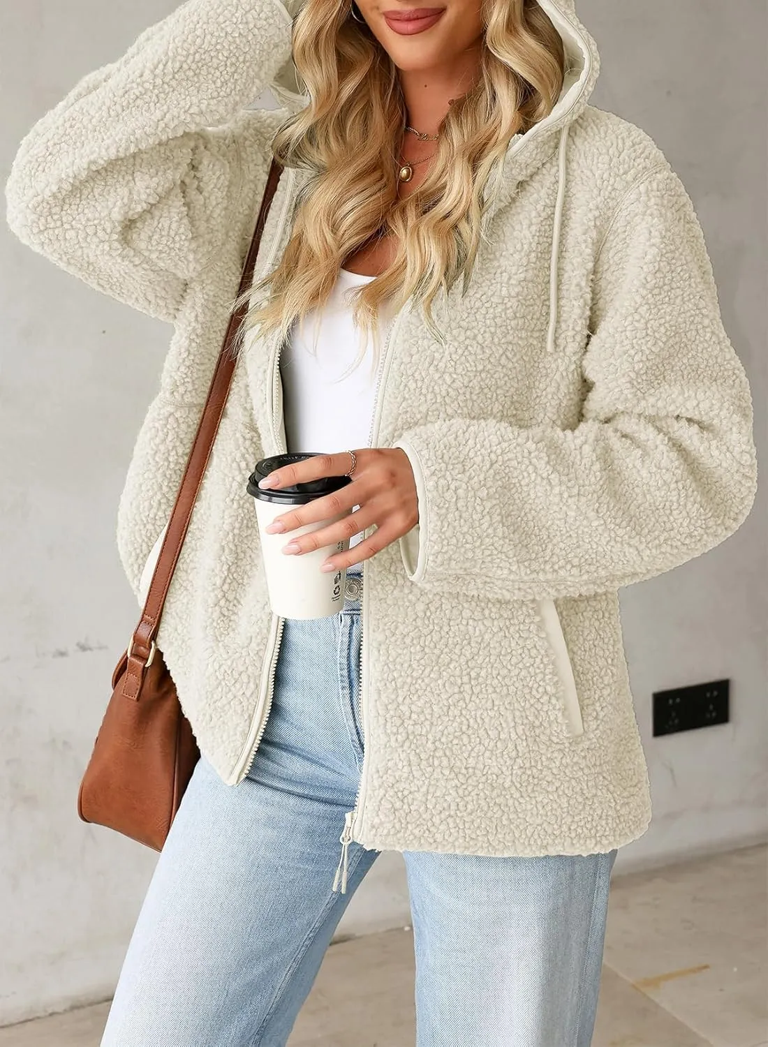 EVALESS Womens Fleece Jackets Solid Zip Up Coats Long Sleeve Fuzzy Hooded Jacket Outerwear With Pockets