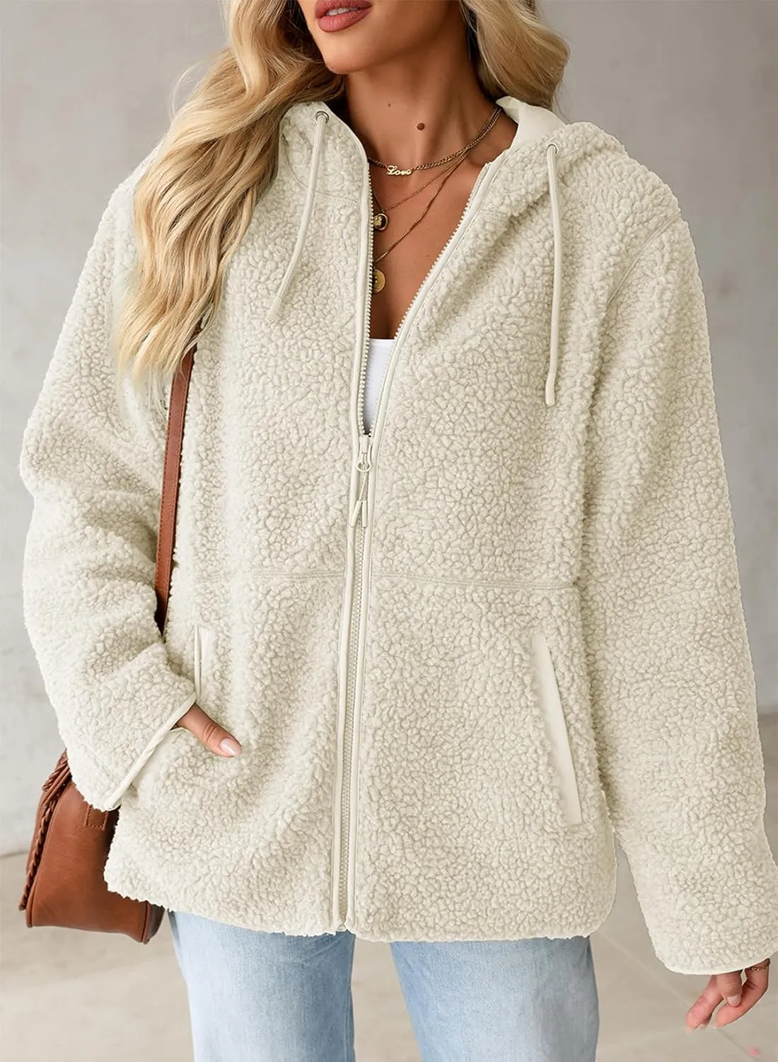 EVALESS Womens Fleece Jackets Solid Zip Up Coats Long Sleeve Fuzzy Hooded Jacket Outerwear With Pockets