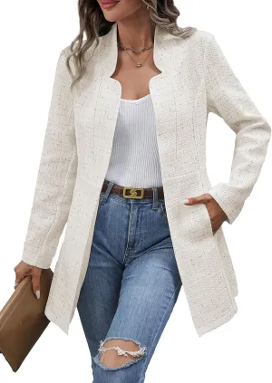Fall Long Tweed Blazer Jacket for Women Open Front Long Sleeve Fashion Casual Elegant Work Suit with Pockets