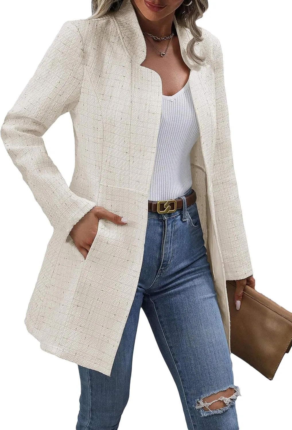 Fall Long Tweed Blazer Jacket for Women Open Front Long Sleeve Fashion Casual Elegant Work Suit with Pockets