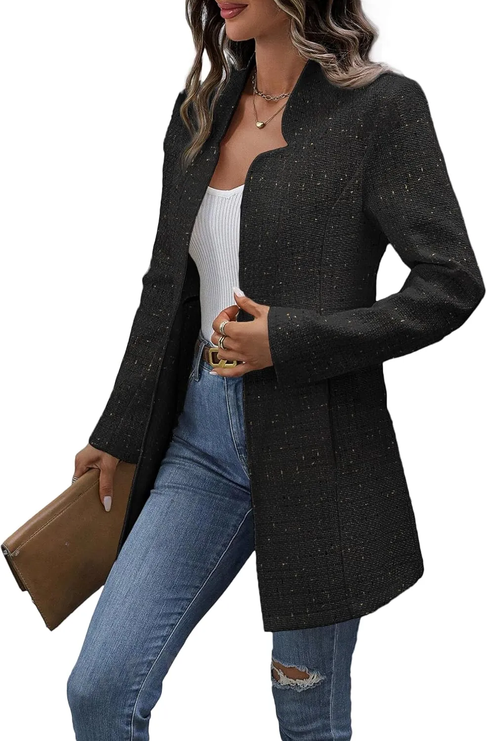 Fall Long Tweed Blazer Jacket for Women Open Front Long Sleeve Fashion Casual Elegant Work Suit with Pockets