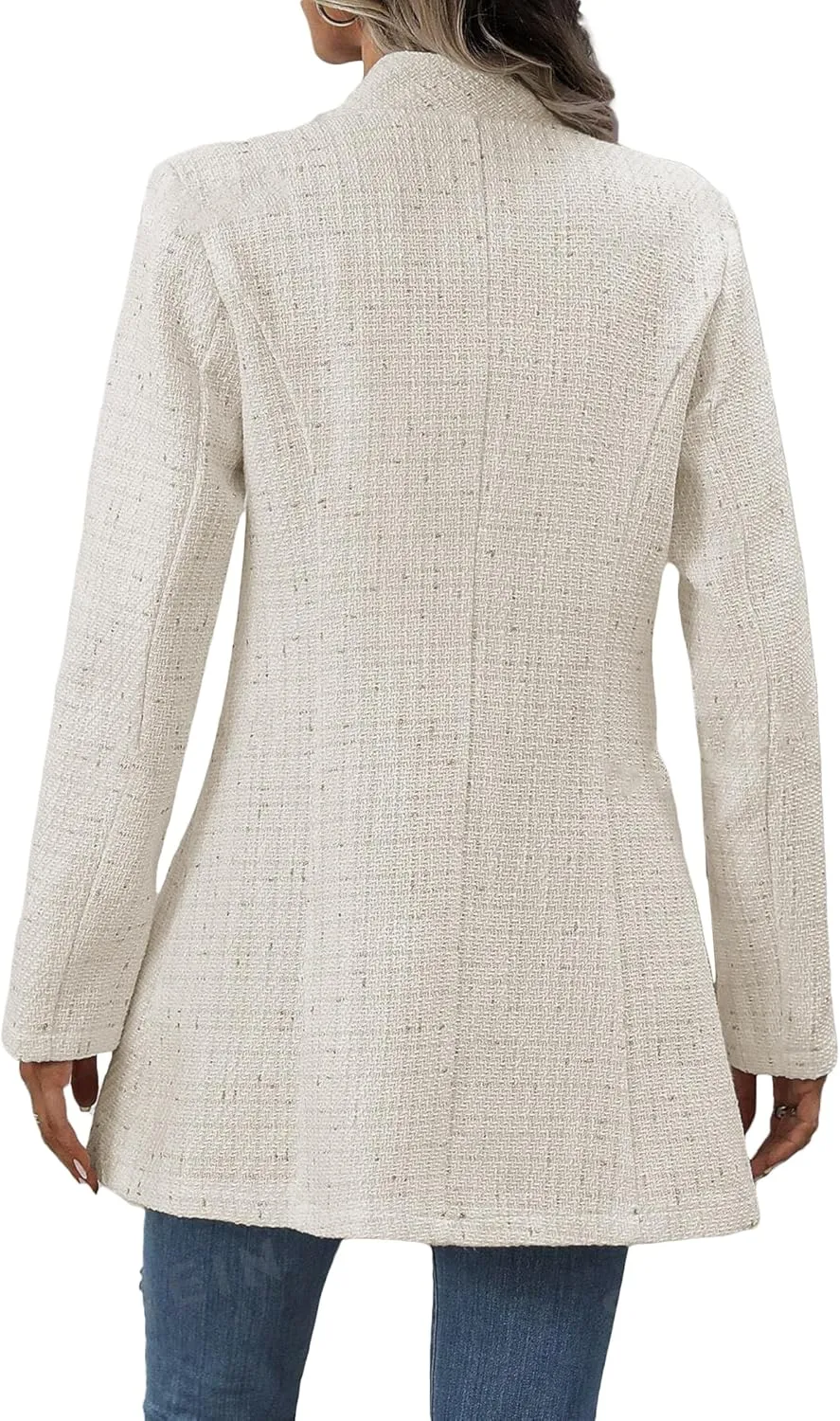 Fall Long Tweed Blazer Jacket for Women Open Front Long Sleeve Fashion Casual Elegant Work Suit with Pockets
