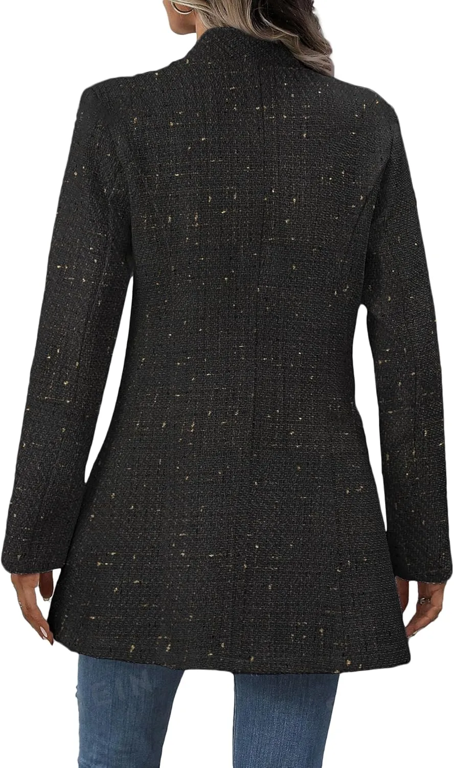 Fall Long Tweed Blazer Jacket for Women Open Front Long Sleeve Fashion Casual Elegant Work Suit with Pockets